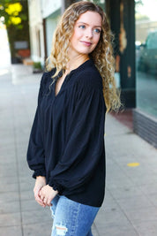 Boho Vibes Black Notched Neck Smocked Bubble Sleeve Top | Daverri Fashions