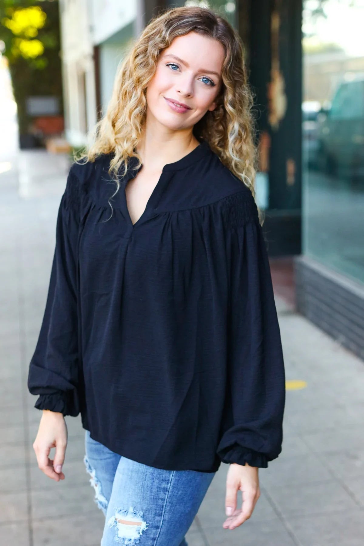 Boho Vibes Black Notched Neck Smocked Bubble Sleeve Top | Daverri Fashions