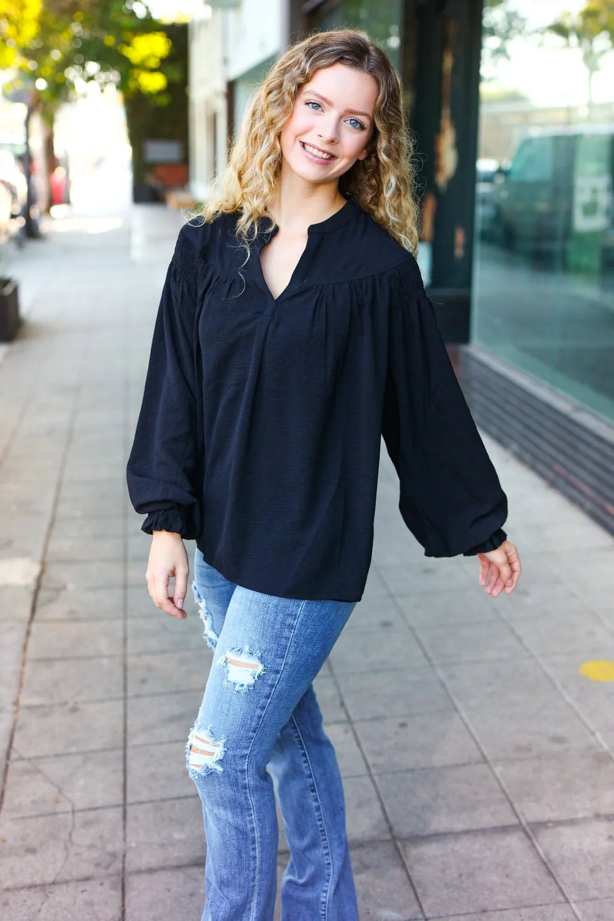 Boho Vibes Black Notched Neck Smocked Bubble Sleeve Top | Daverri Fashions