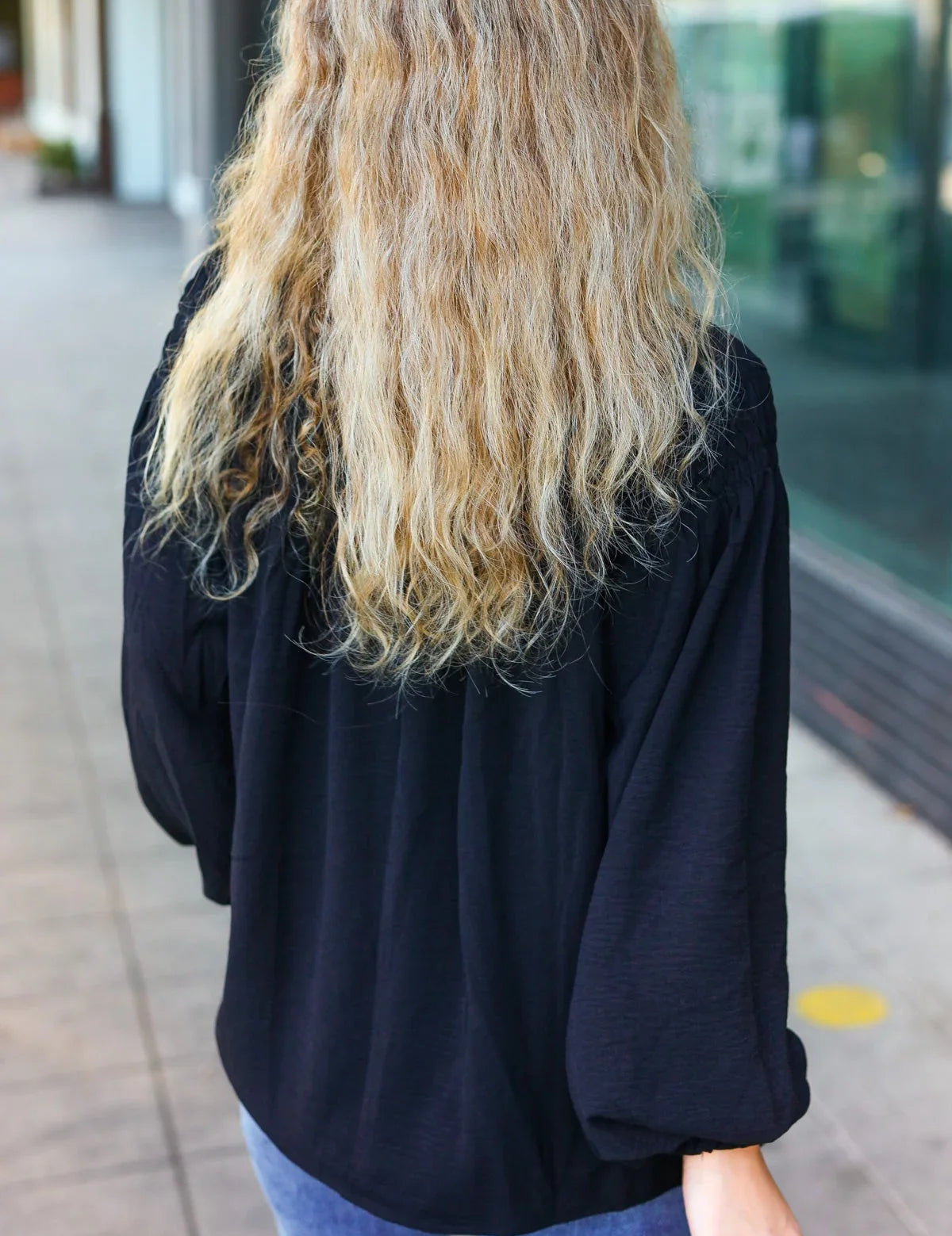 Boho Vibes Black Notched Neck Smocked Bubble Sleeve Top | Daverri Fashions