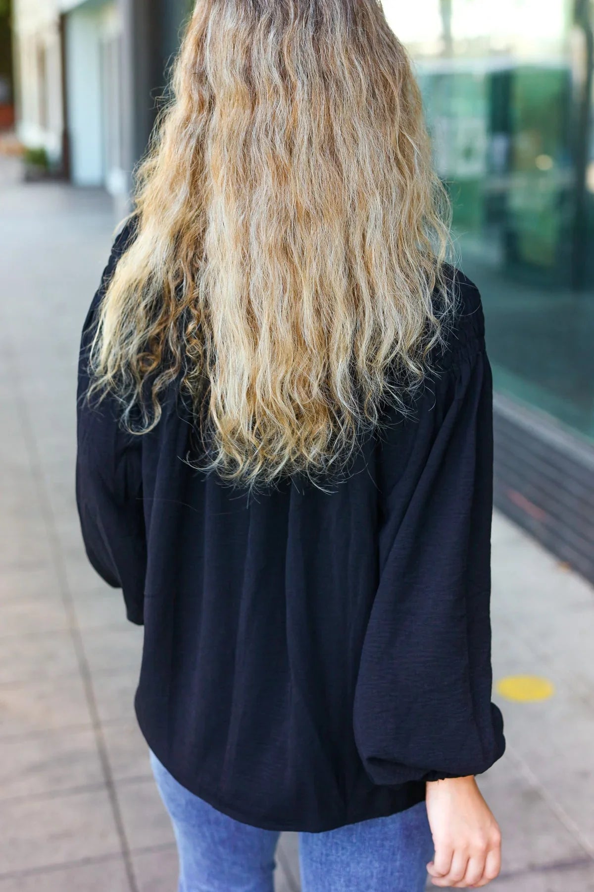 Boho Vibes Black Notched Neck Smocked Bubble Sleeve Top | Daverri Fashions