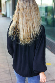 Boho Vibes Black Notched Neck Smocked Bubble Sleeve Top | Daverri Fashions