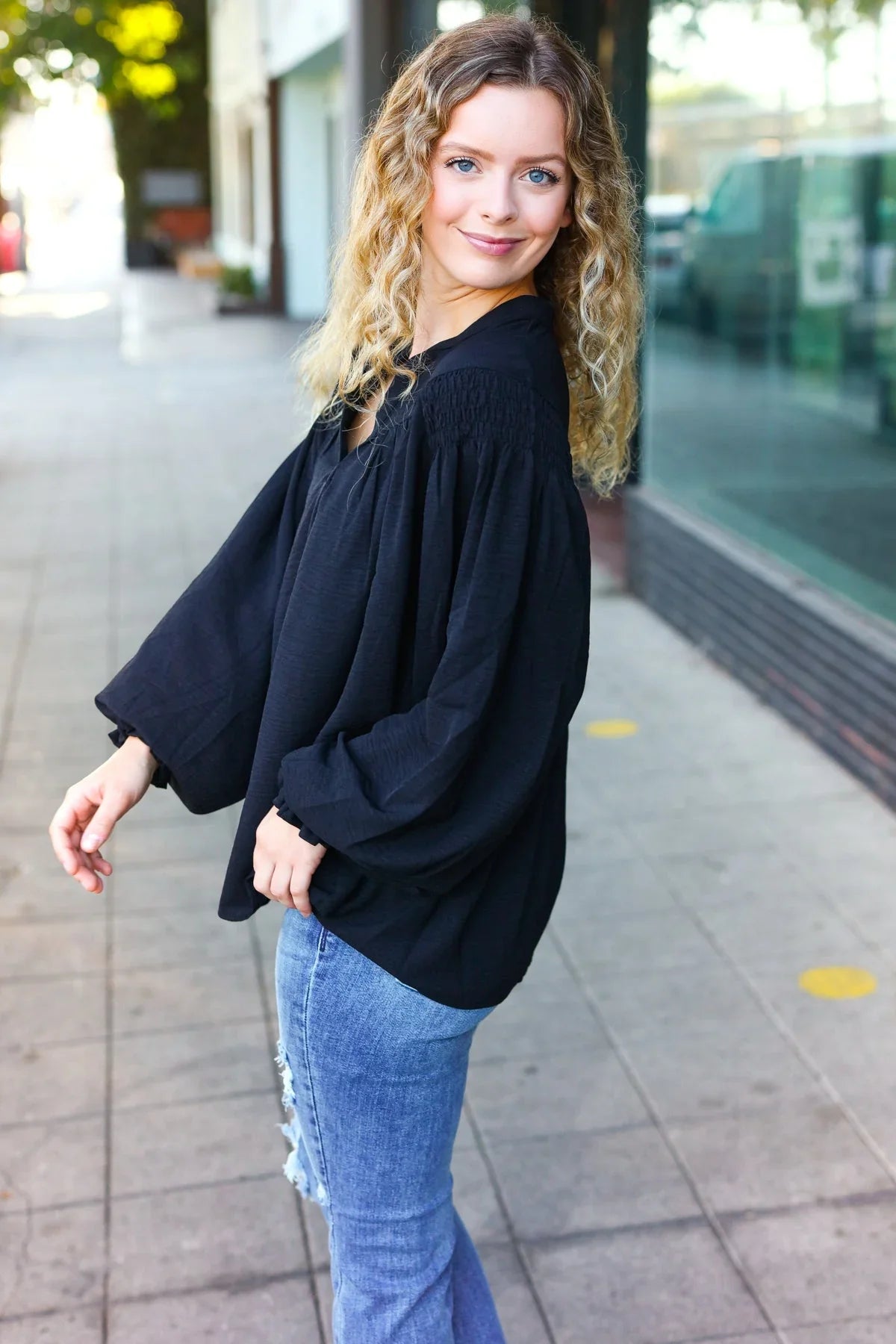 Boho Vibes Black Notched Neck Smocked Bubble Sleeve Top | Daverri Fashions