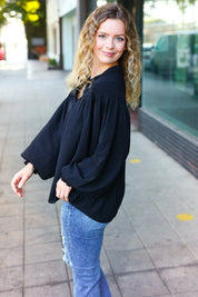 Boho Vibes Black Notched Neck Smocked Bubble Sleeve Top | Daverri Fashions
