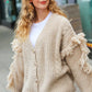 Weekend Ready Oatmeal V Neck Fringe Chunky Cable Cardigan - DAVERRI FASHIONS