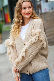 Weekend Ready Oatmeal V Neck Fringe Chunky Cable Cardigan | 2024 Blow-Out Sale Daverri Fashions