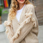 Weekend Ready Oatmeal V Neck Fringe Chunky Cable Cardigan - DAVERRI FASHIONS