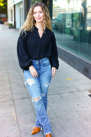 Boho Vibes Black Notched Neck Smocked Bubble Sleeve Top | Daverri Fashions