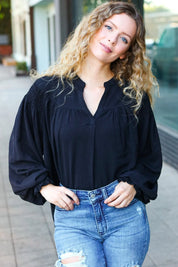 Boho Vibes Black Notched Neck Smocked Bubble Sleeve Top | Daverri Fashions