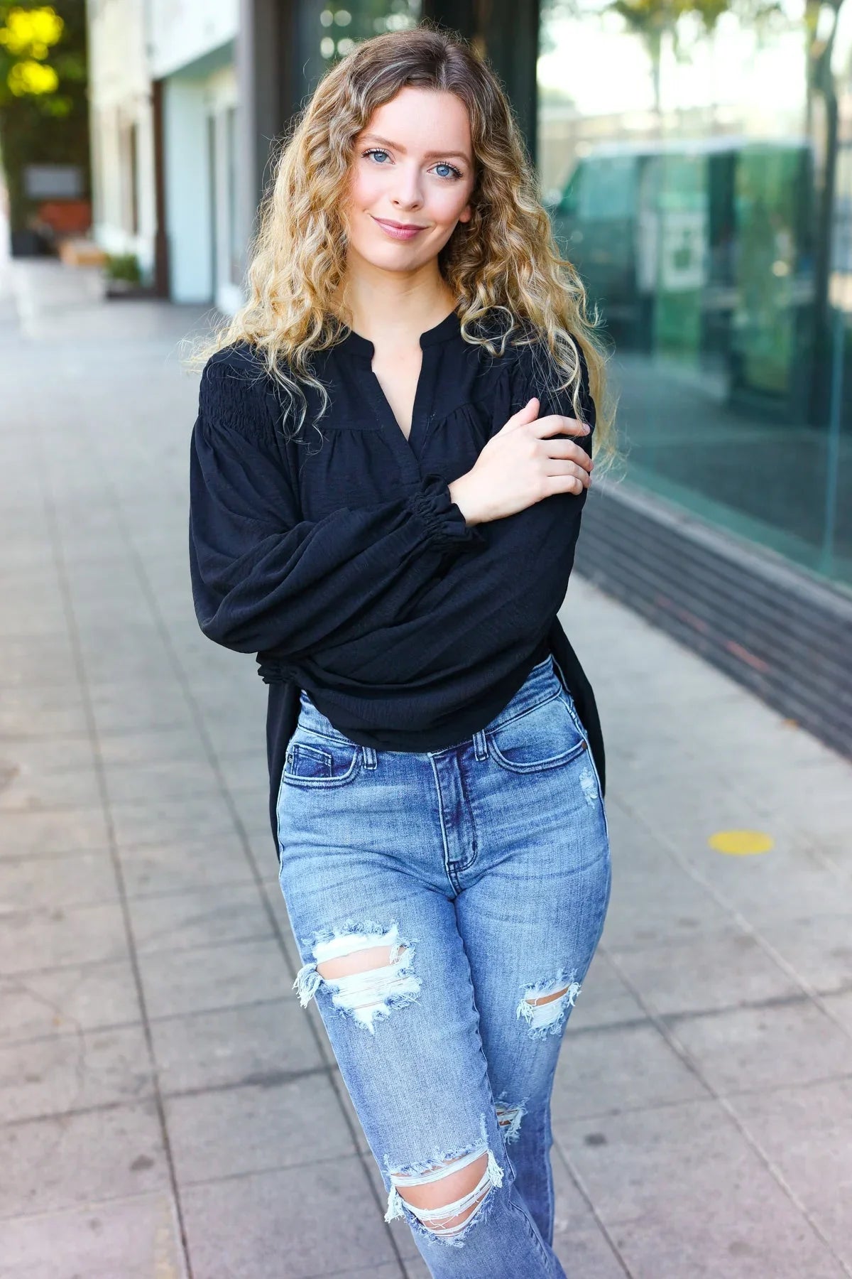 Boho Vibes Black Notched Neck Smocked Bubble Sleeve Top | Daverri Fashions