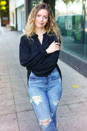 Boho Vibes Black Notched Neck Smocked Bubble Sleeve Top | Daverri Fashions