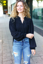 Boho Vibes Black Notched Neck Smocked Bubble Sleeve Top | Daverri Fashions