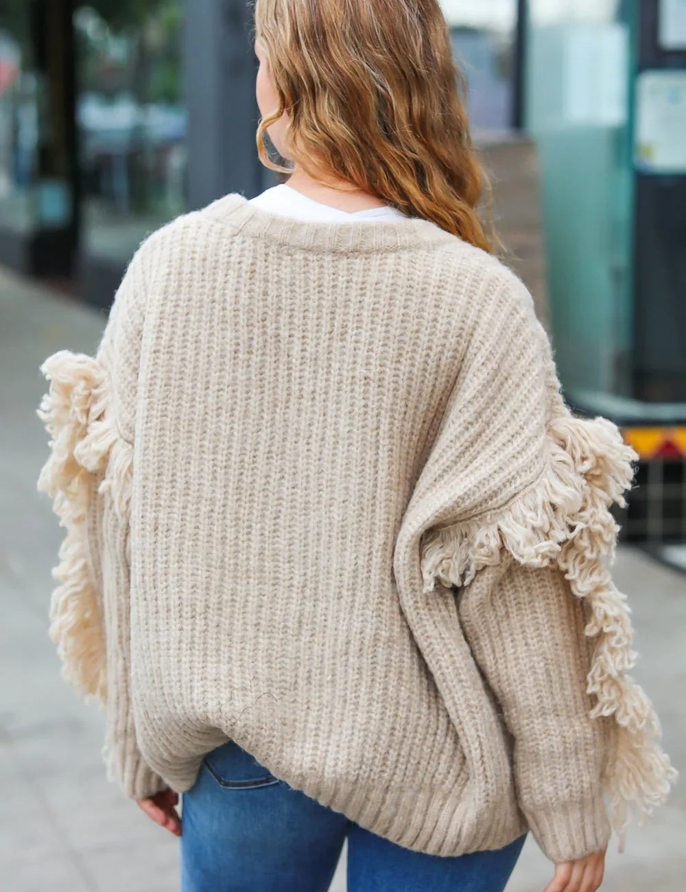 Weekend Ready Oatmeal V Neck Fringe Chunky Cable Cardigan | 2024 Blow-Out Sale Daverri Fashions
