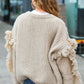 Weekend Ready Oatmeal V Neck Fringe Chunky Cable Cardigan - DAVERRI FASHIONS