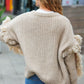 Weekend Ready Oatmeal V Neck Fringe Chunky Cable Cardigan - DAVERRI FASHIONS