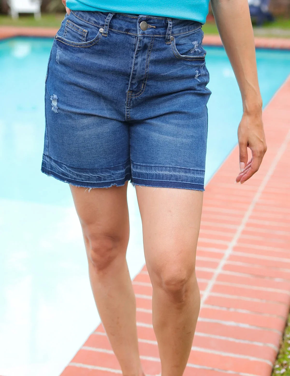 Indigo Blue High Rise Release Hem Distressed Jean Shorts | 2024 Summer Blow Out Sale Daverri Fashions