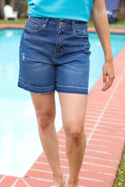 Indigo Blue High Rise Release Hem Distressed Jean Shorts | 2024 Summer Blow Out Sale Daverri Fashions