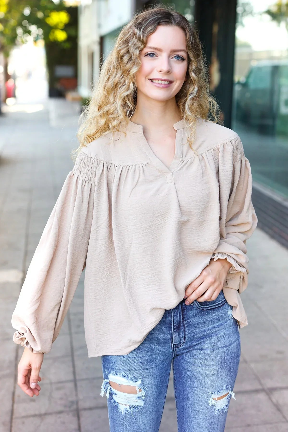 Boho Vibes Taupe Notched Neck Smocked Bubble Sleeve Top | Daverri Fashions