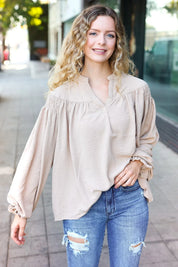 Boho Vibes Taupe Notched Neck Smocked Bubble Sleeve Top | Daverri Fashions