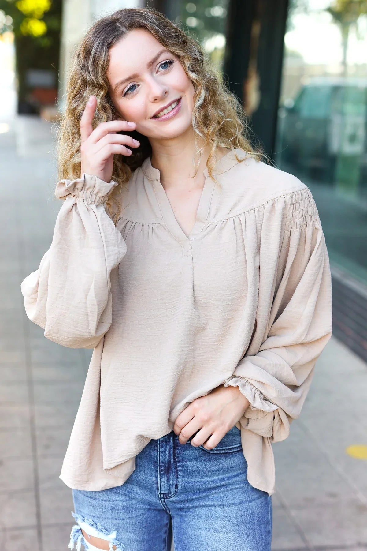 Boho Vibes Taupe Notched Neck Smocked Bubble Sleeve Top | Daverri Fashions