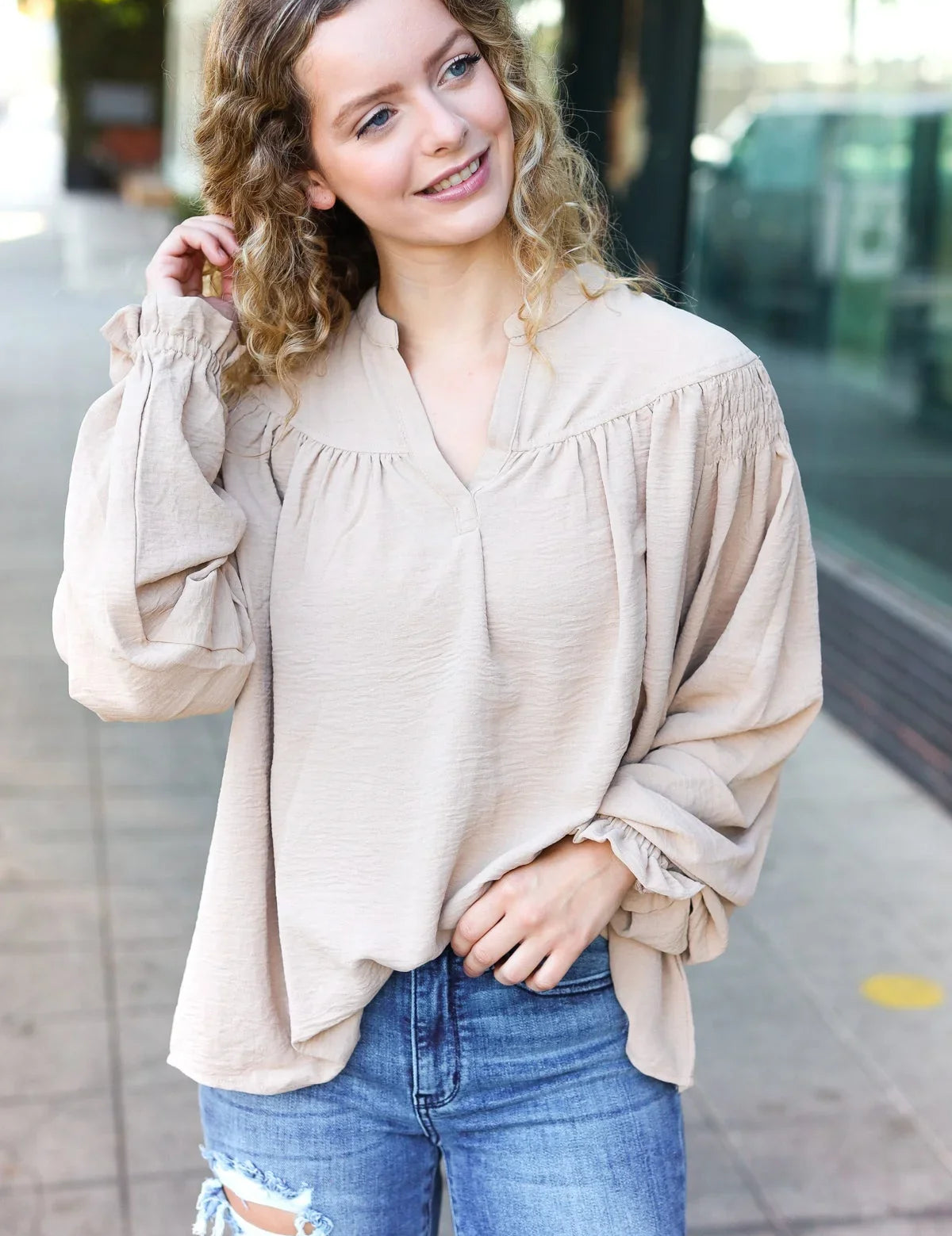 Boho Vibes Taupe Notched Neck Smocked Bubble Sleeve Top | Daverri Fashions