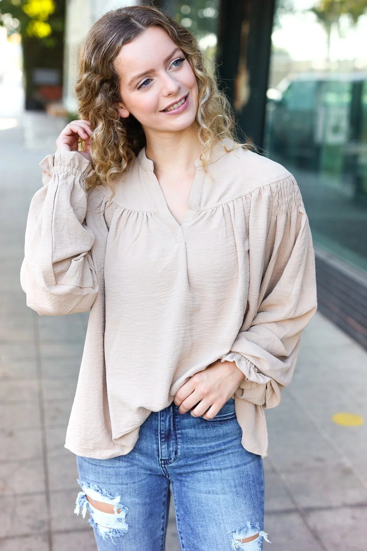 Boho Vibes Taupe Notched Neck Smocked Bubble Sleeve Top | Daverri Fashions