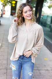 Boho Vibes Taupe Notched Neck Smocked Bubble Sleeve Top | Daverri Fashions
