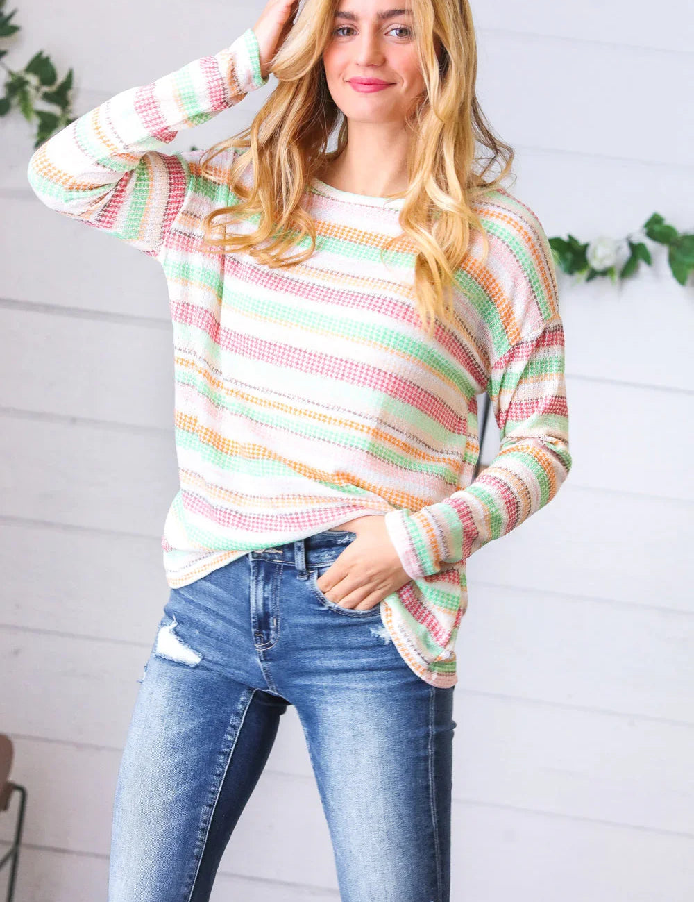 Green Apple & Tangerine Textured Vintage Stripe Top | Daverri Fashions