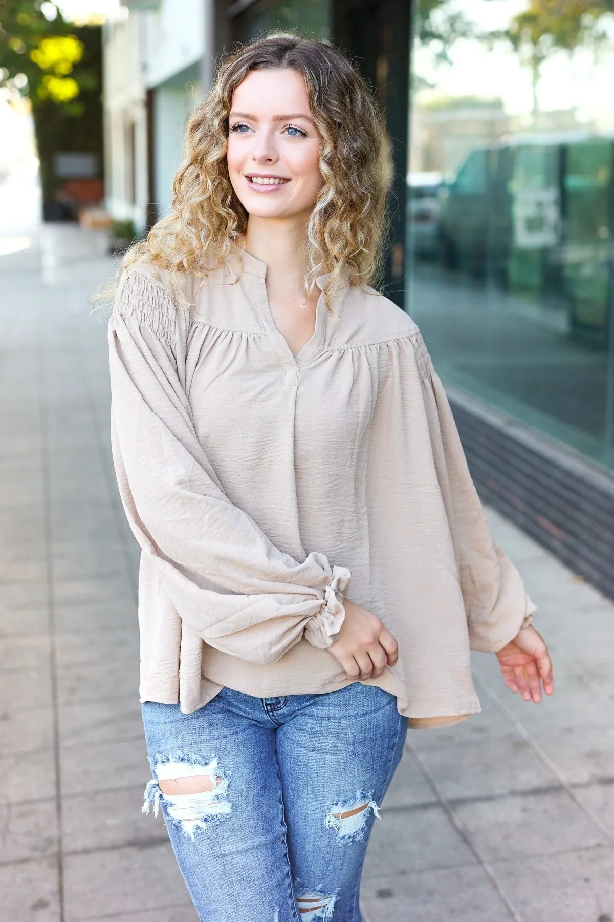 Boho Vibes Taupe Notched Neck Smocked Bubble Sleeve Top | Daverri Fashions