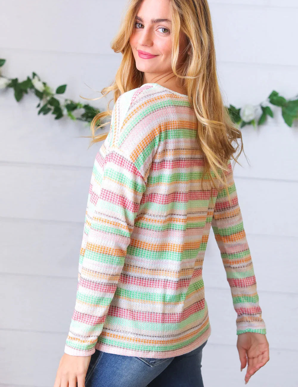Green Apple & Tangerine Textured Vintage Stripe Top | Daverri Fashions