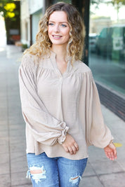 Boho Vibes Taupe Notched Neck Smocked Bubble Sleeve Top | Daverri Fashions
