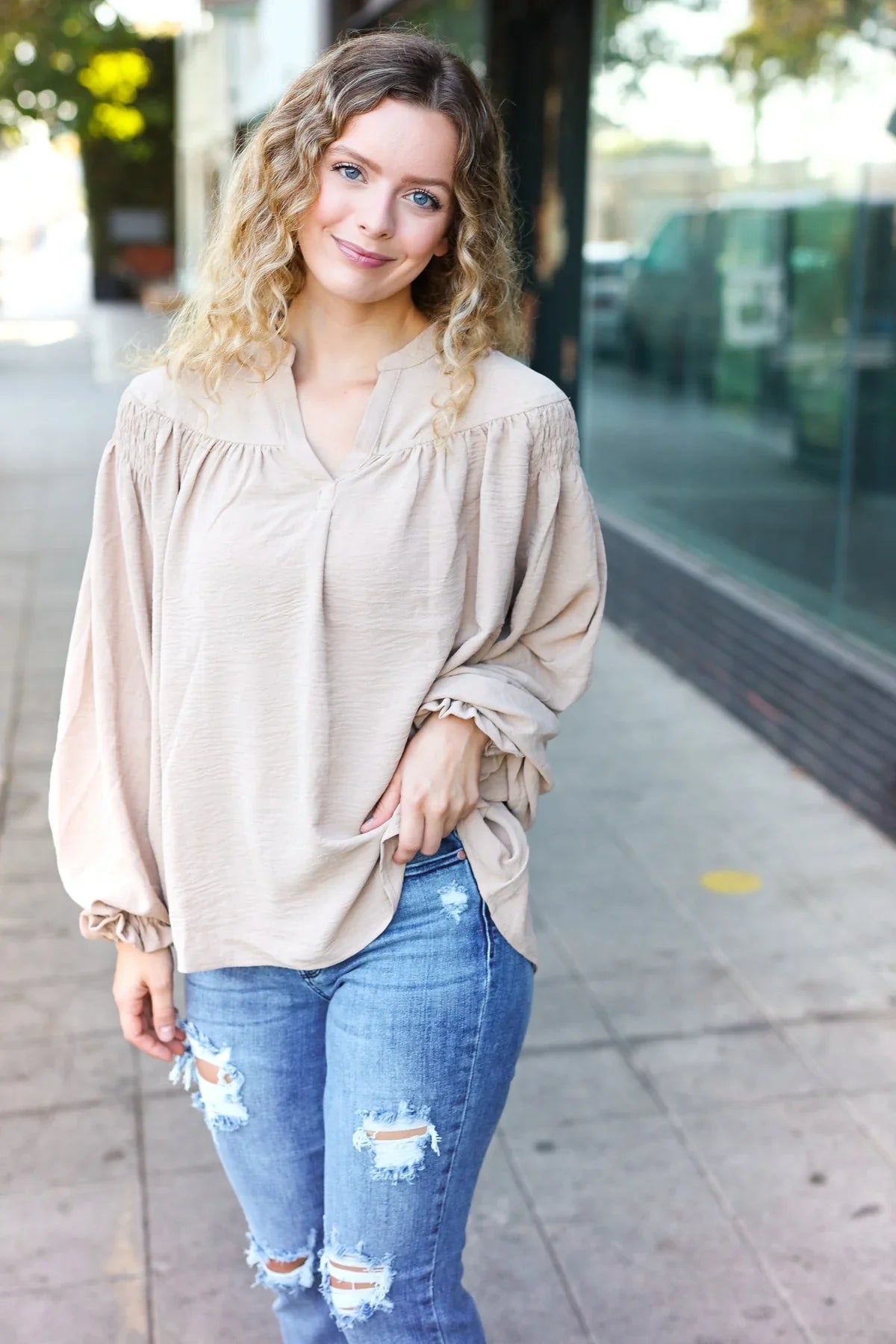 Boho Vibes Taupe Notched Neck Smocked Bubble Sleeve Top | Daverri Fashions