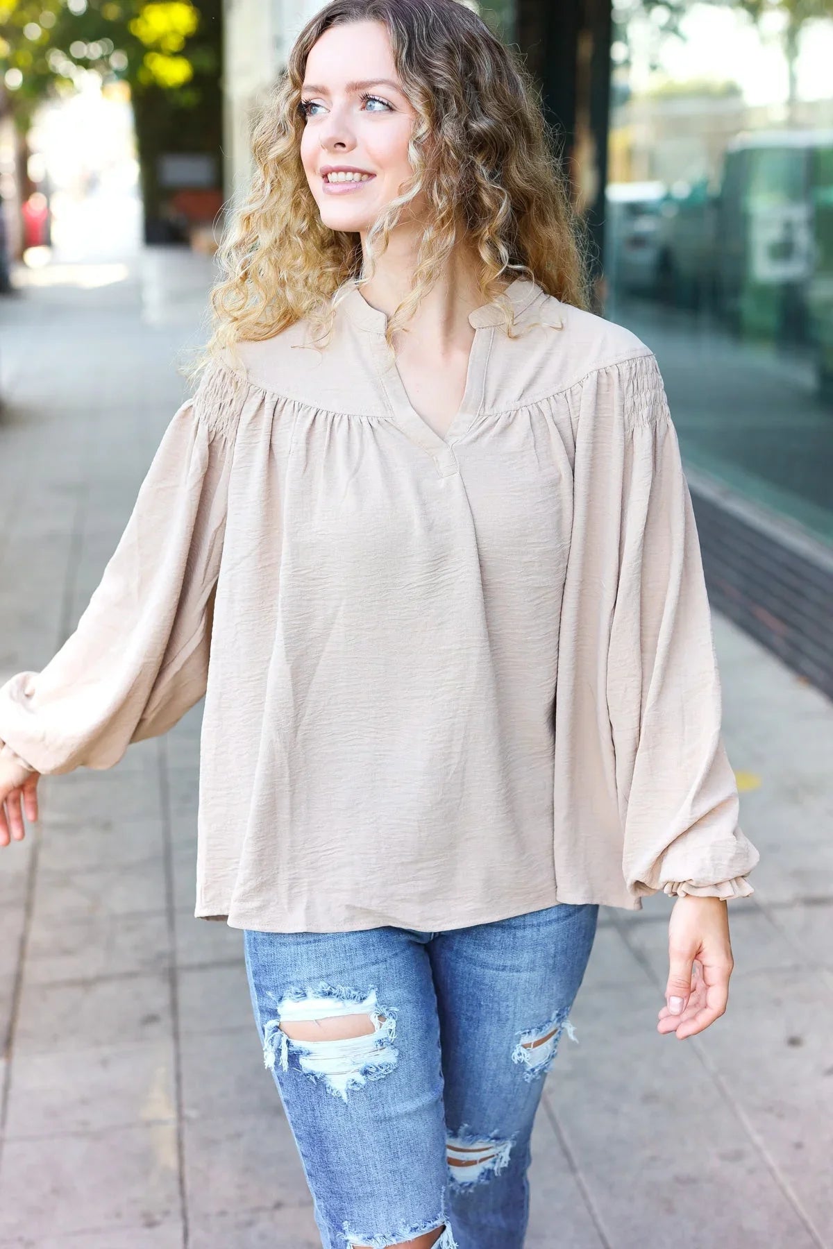 Boho Vibes Taupe Notched Neck Smocked Bubble Sleeve Top | Daverri Fashions