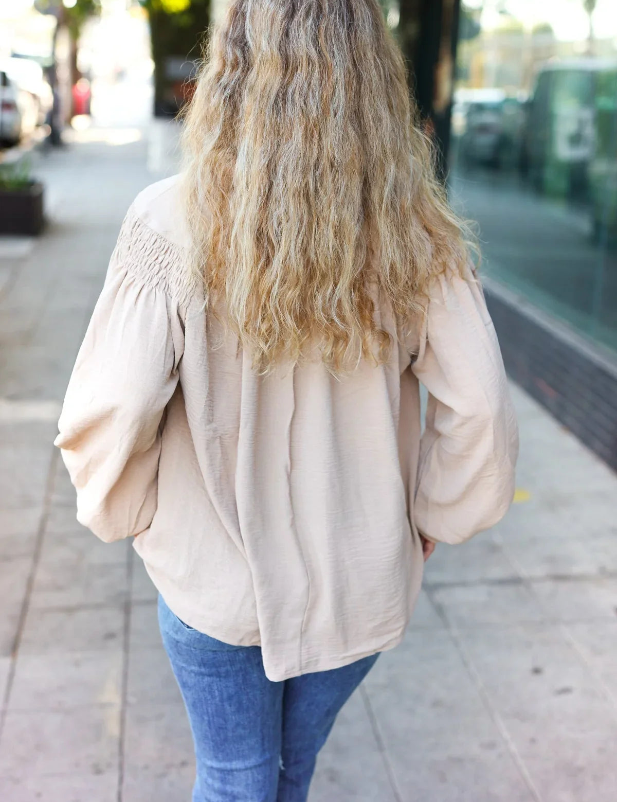 Boho Vibes Taupe Notched Neck Smocked Bubble Sleeve Top | Daverri Fashions