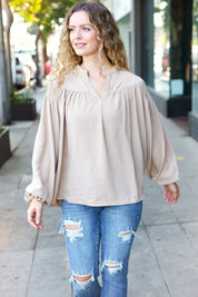 Boho Vibes Taupe Notched Neck Smocked Bubble Sleeve Top | Daverri Fashions
