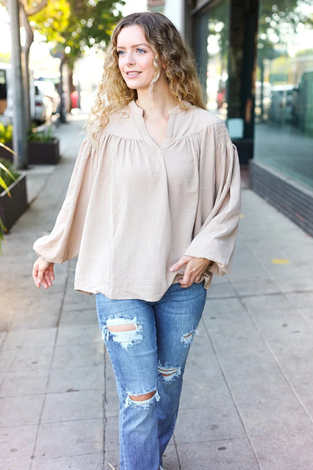 Boho Vibes Taupe Notched Neck Smocked Bubble Sleeve Top | Daverri Fashions