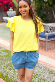 Lovely In Yellow Tiered Double Ruffle Sleeve Woven Top | 2024 Blow-Out Sale Daverri Fashions