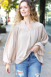 Boho Vibes Taupe Notched Neck Smocked Bubble Sleeve Top | Daverri Fashions