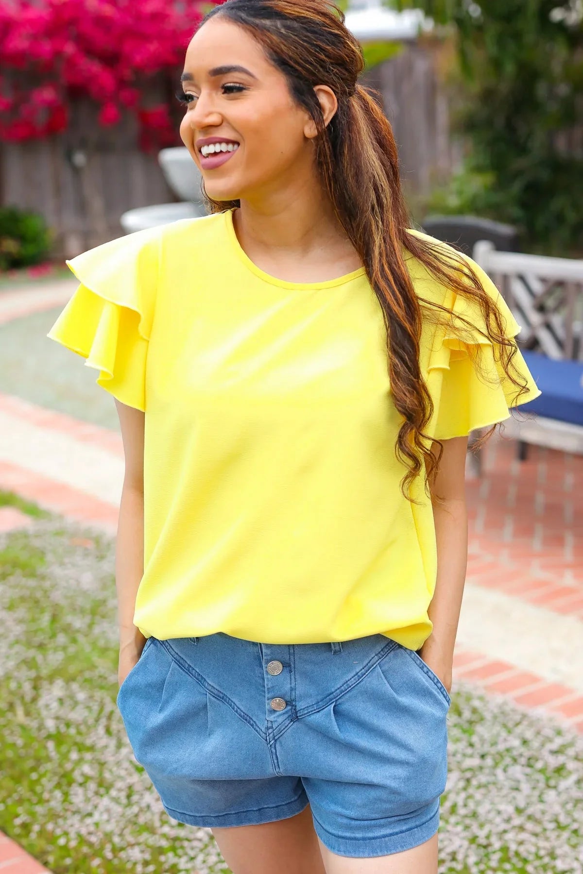 Lovely In Yellow Tiered Double Ruffle Sleeve Woven Top | 2024 Blow-Out Sale Daverri Fashions