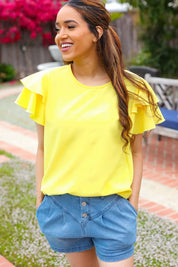 Lovely In Yellow Tiered Double Ruffle Sleeve Woven Top | 2024 Blow-Out Sale Daverri Fashions