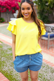 Lovely In Yellow Tiered Double Ruffle Sleeve Woven Top | 2024 Blow-Out Sale Daverri Fashions