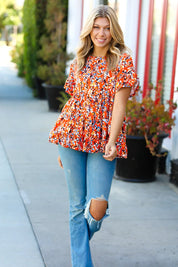 Rust & Chocolate Floral Frill Ruffle Hem Tiered Swing Top | Daverri Fashions