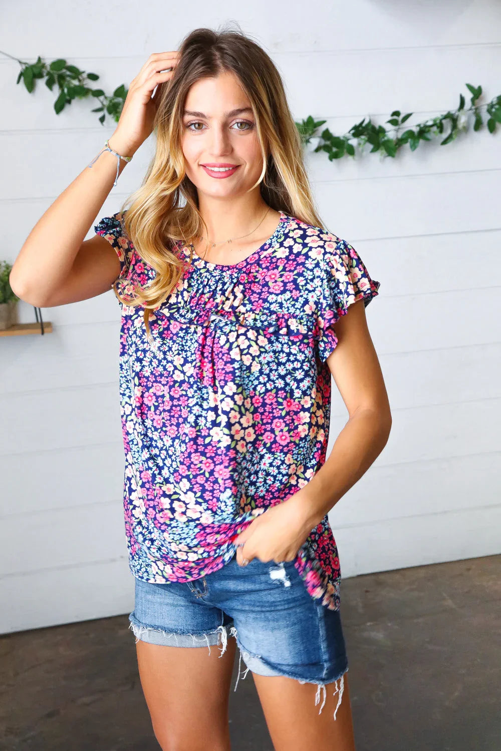 Navy Floral Print Frilled Short Sleeve Yoke Top | Daverri Fashions