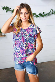 Navy Floral Print Frilled Short Sleeve Yoke Top | Daverri Fashions