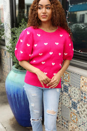 Be Mine Pink & White Heart Oversized Jacquard Sweater | Daverri Fashions