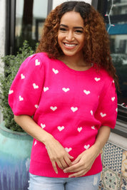Be Mine Pink & White Heart Oversized Jacquard Sweater | Daverri Fashions