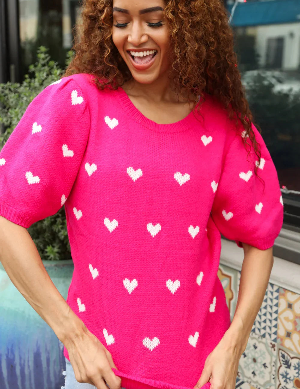 Be Mine Pink & White Heart Oversized Jacquard Sweater | Daverri Fashions