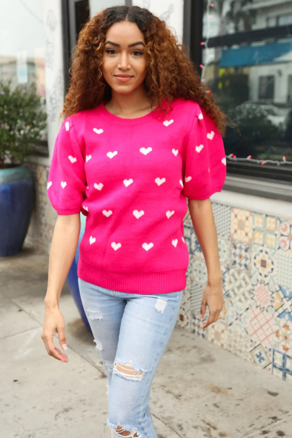 Be Mine Pink & White Heart Oversized Jacquard Sweater | Daverri Fashions