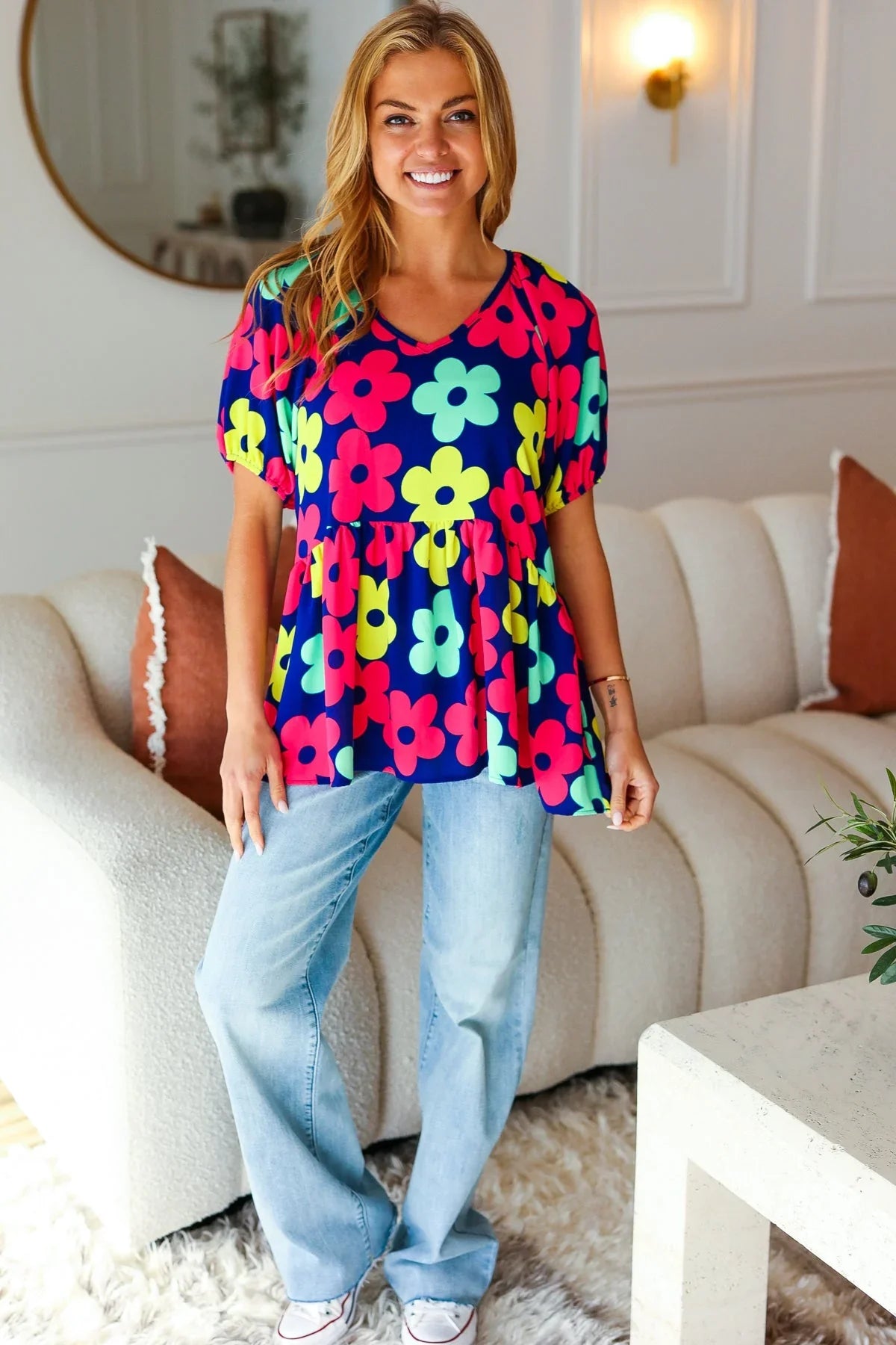 Sunny Days Navy Flat Floral Bubble Sleeve Babydoll Top | Daverri Fashions