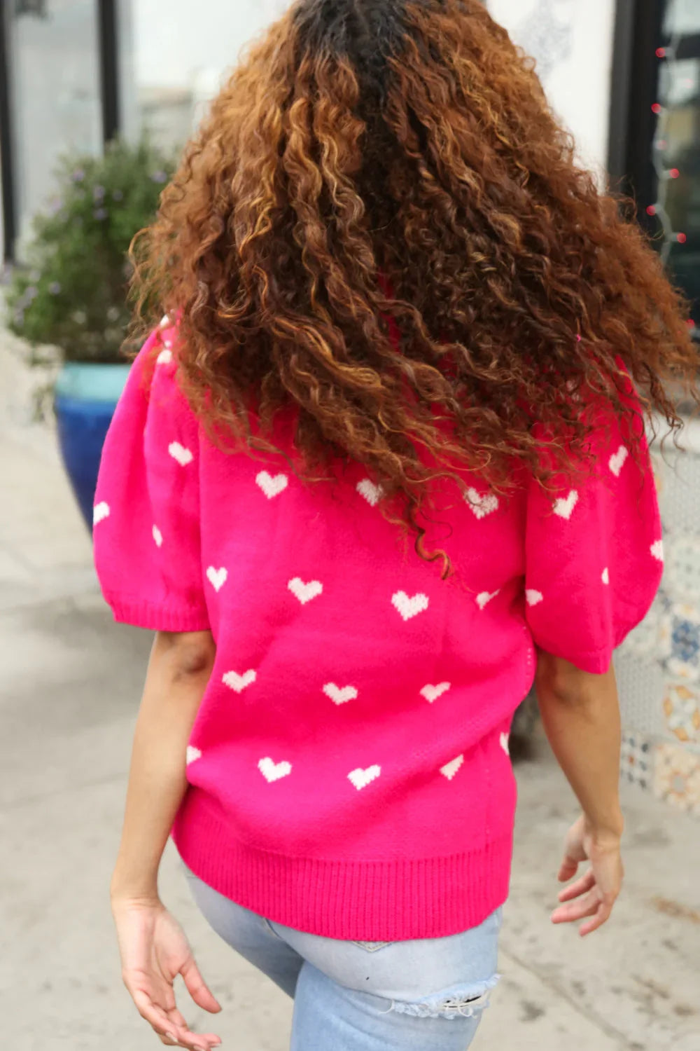 Be Mine Pink & White Heart Oversized Jacquard Sweater | Daverri Fashions